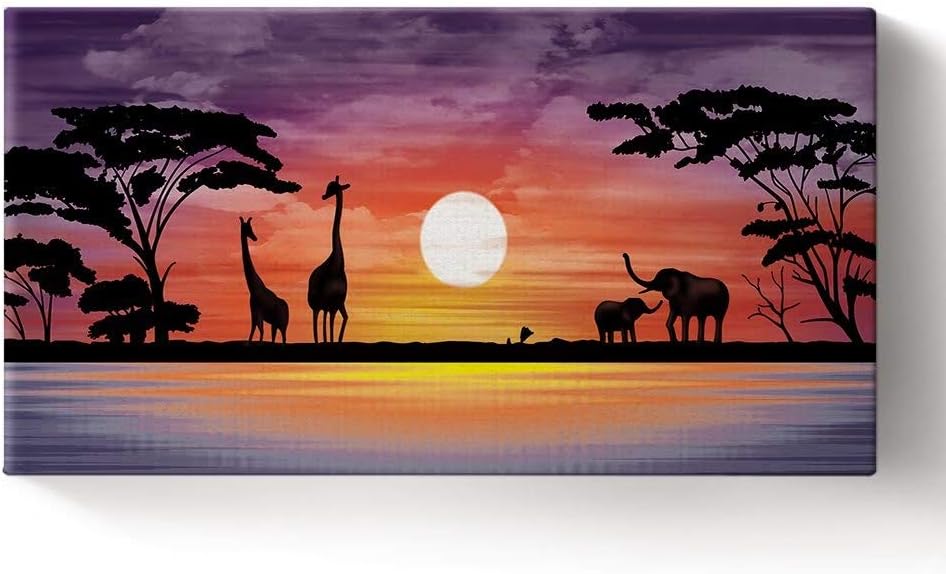 Libaoge African Landscape Wall Art Elephants Giraffes Sunset Poster Canvas Prints Artwork Animals Paintings Reproduction Pictures Framed for Living Room Home Decoration Ready to Hang, 20x40 inch