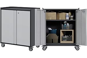 SUXXAN Metal Storage Cabinet with Wheels, Garage Cabinet on Wheels, Rolling Cabinet with Doors,Tool Cabinet with 1 Adjustable Shelf for Utility Room/Home/Storehouse, Assembly Required (Black and Gray)