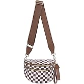 Checkered Nylon Crossbody Bags Bum Bag for Women Large Sling Bag Purse with Adjustable Strap（Caramel Checkered）