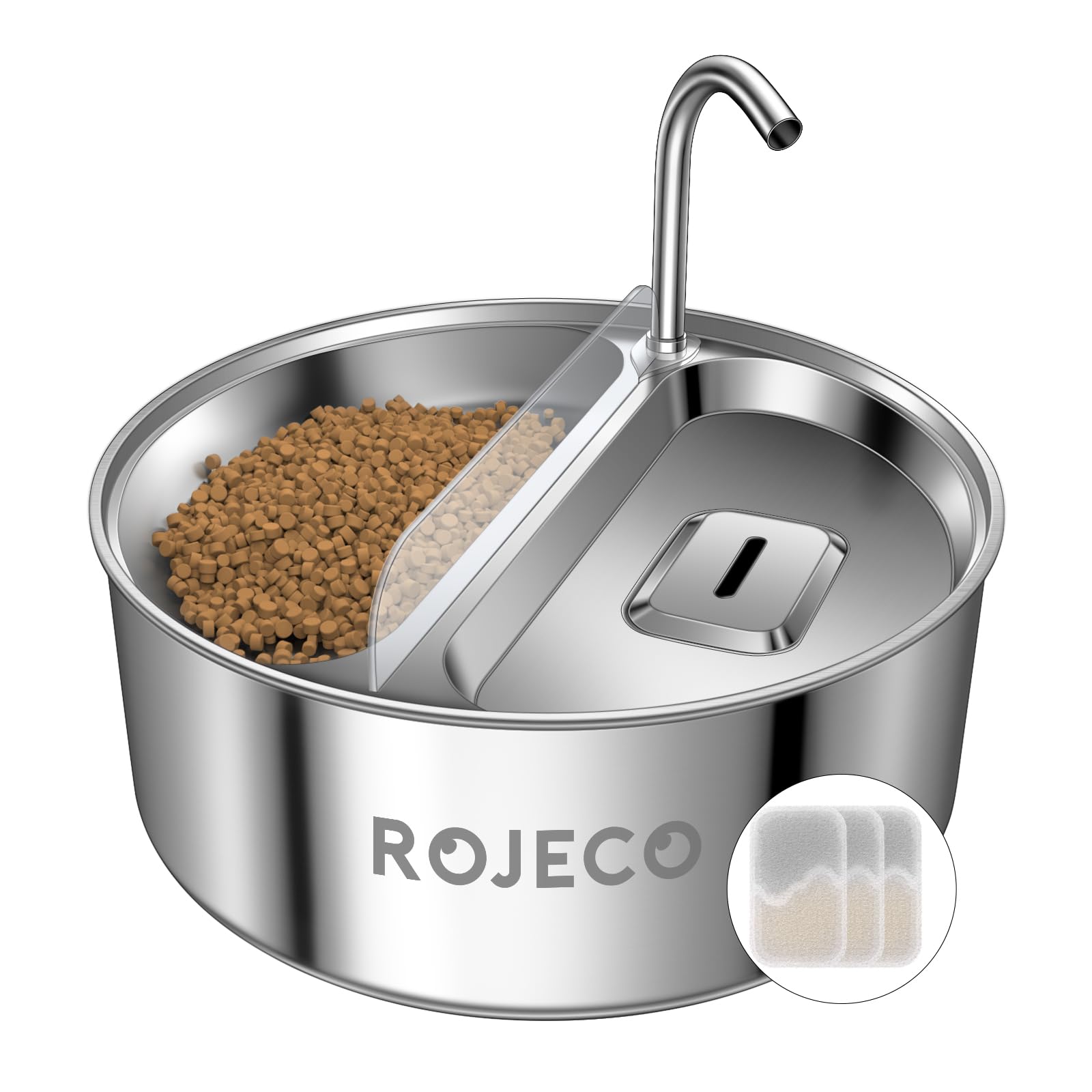 ROJECO 2 in 1 Cat Water Fountain with Feeding Bowl, 3.2 L Stainless Steel Pet Water Fountain Large Capacity, 20dB Ultra-quiet Pet Drinking Fountain with 3 Replacement Filters Supports Multiple Pets