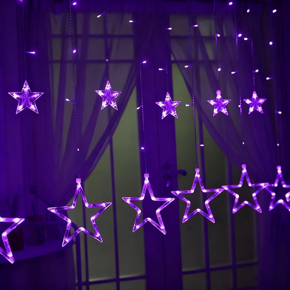 shsyue LED Star Window Curtain Lights, Christmas Decorations Lights Indoor,12 Stars 138 LED String Lights,USB 8 Modes Xmas Lights for Wedding Party Garden Outdoor -Purple
