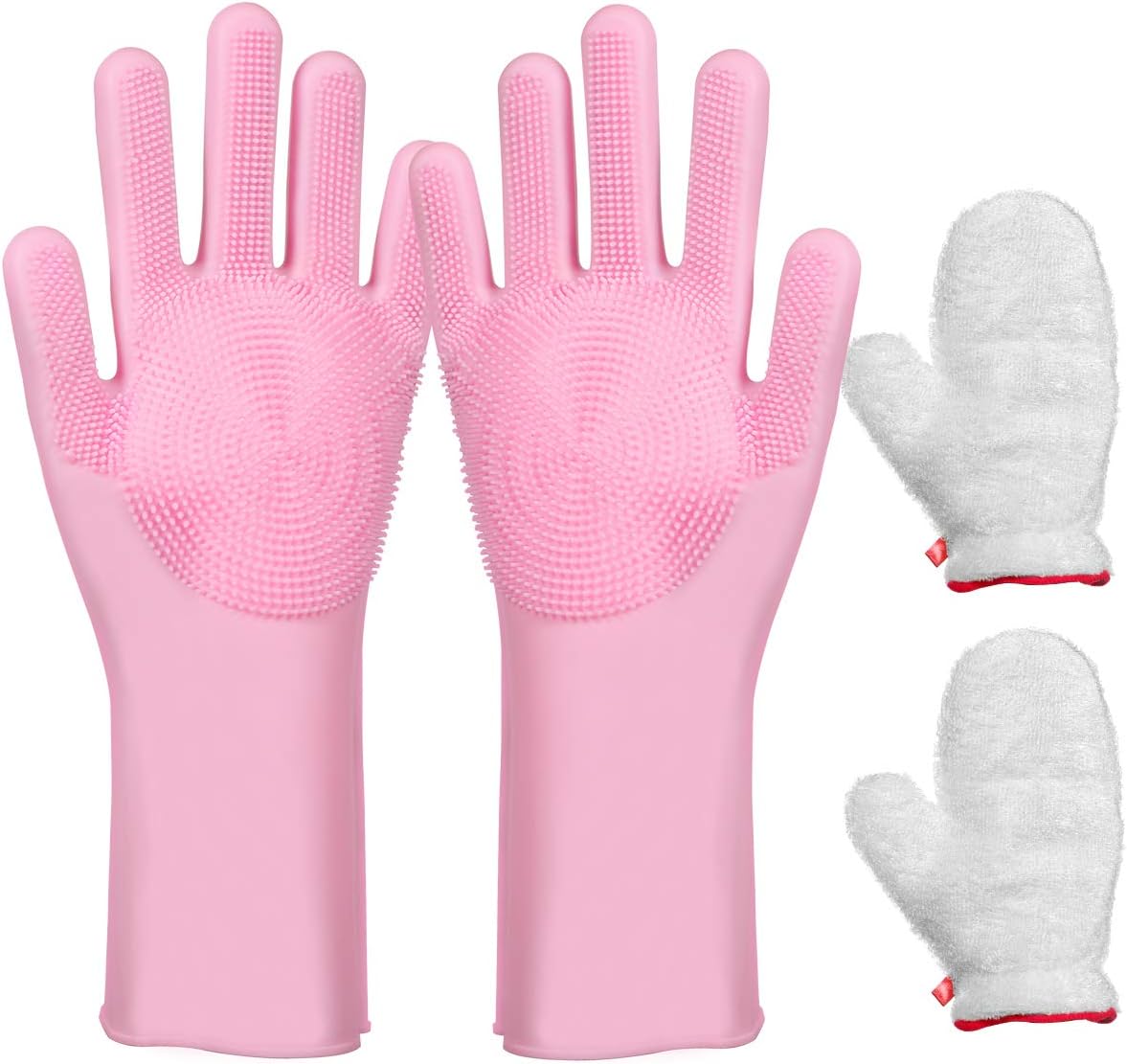 Magic Dishwashing Gloves- 2 Pairs Silicone Bamboo Washing Gloves Cleaning Cloth Gloves Rubber Scrubber for Dishes, Fruit, Vegetable Scrub Brushes,Car, Pet Grooming,Dog Bathing,Stain Remover