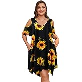 LARACE Womens Summer Casual T Shirt Dresses Cold Shoulder Flowy Dress with Pockets