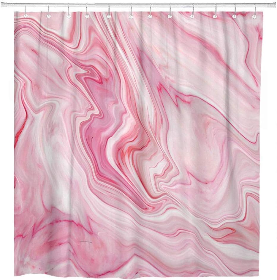 JOOCAR Design Shower Curtain, Pink Marble Pattern Natural Interiors Stone Wall, Waterproof Cloth Fabric Bathroom Decor Set with Hooks