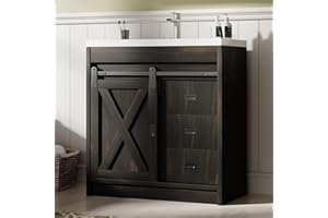 4ever2buy Farmhouse Bathroom Vanity with Sink, 32 Inch Bathroom Vanity Cabinet with 2 Drawers & Sliding Barn Door, Brown