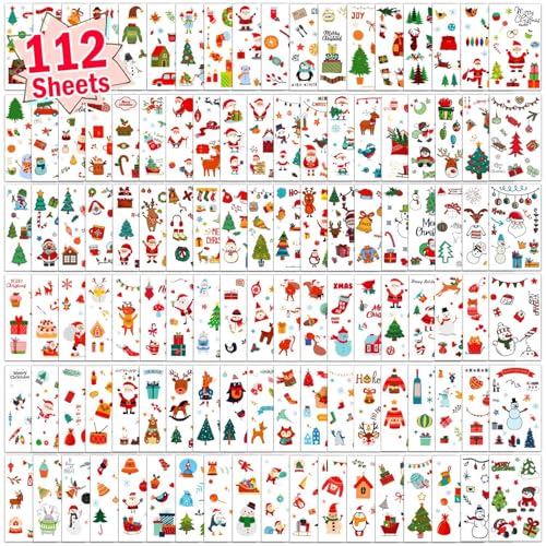 Partywind 112 Sheets (1200 Styles) Kids Temporary Tattoos for Christmas, Christmas Holiday Party Supplies Favors, Xmas Stocking Stuffers, Goodie Bags Fillers Toys for Boys and Girls