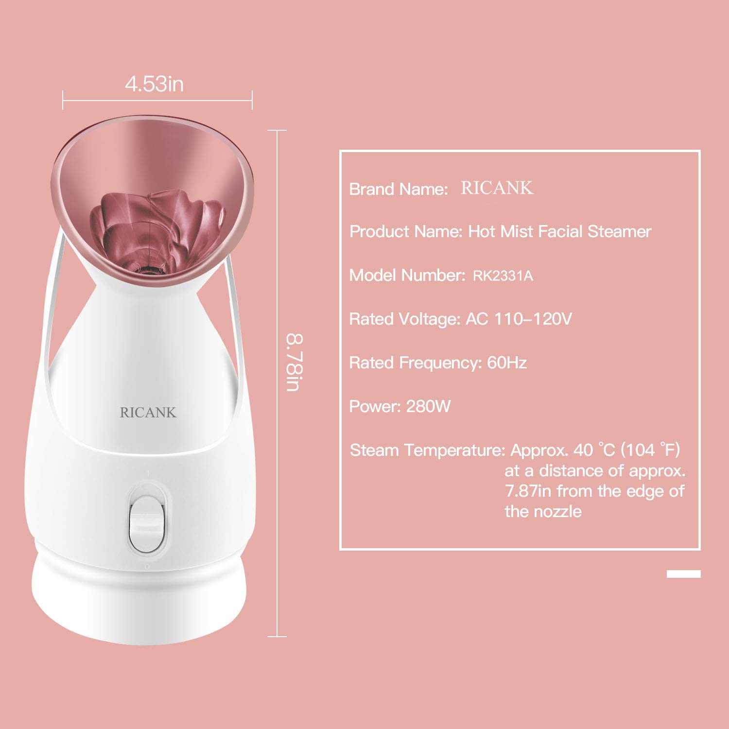 RICANK Nanosteamer Nano Ionic Warm Mist Facial Steamer Hot Mist Moisturizing Cleansing Pores Face Steamer Unclogs Pores Clear Blackheads Acne Comedone Removal Home Sauna Spa Nano Spray Rose Gold: Beauty