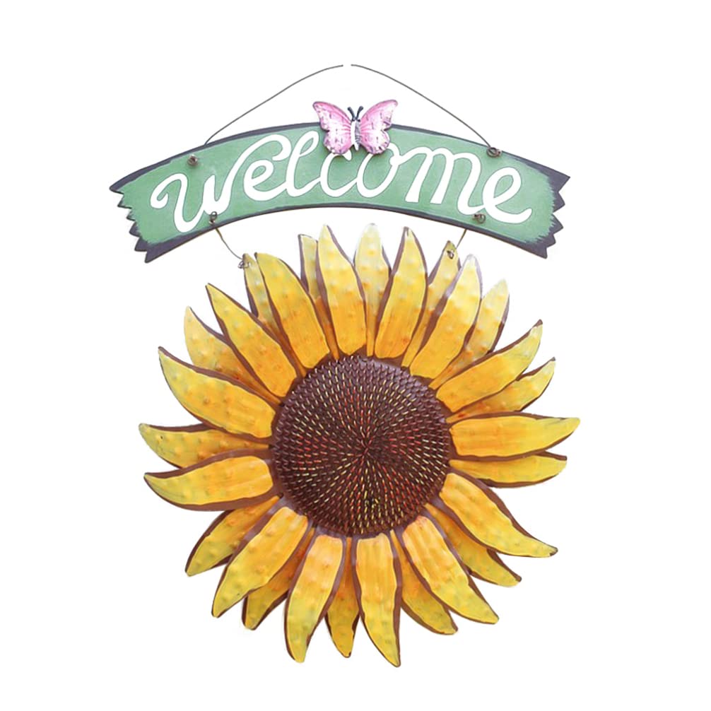 WINOMO Vintage Butterfly Sunflower Welcome Iron Sign Bar Cafe Shop Store Door Decor Plaque Welcome Hanging Sign Board