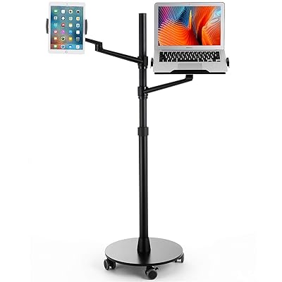 Viozon Tablet and Laptop Floor Stand, 2-in-1 Rolling Adjustable Dual arm, Applicable to3.5~6.7inch Phone and 7~13'' Tablet Compatible with iPad Pro, iPad, Extra Tray Fits 12 to 17'' Laptop/Notebook(B)