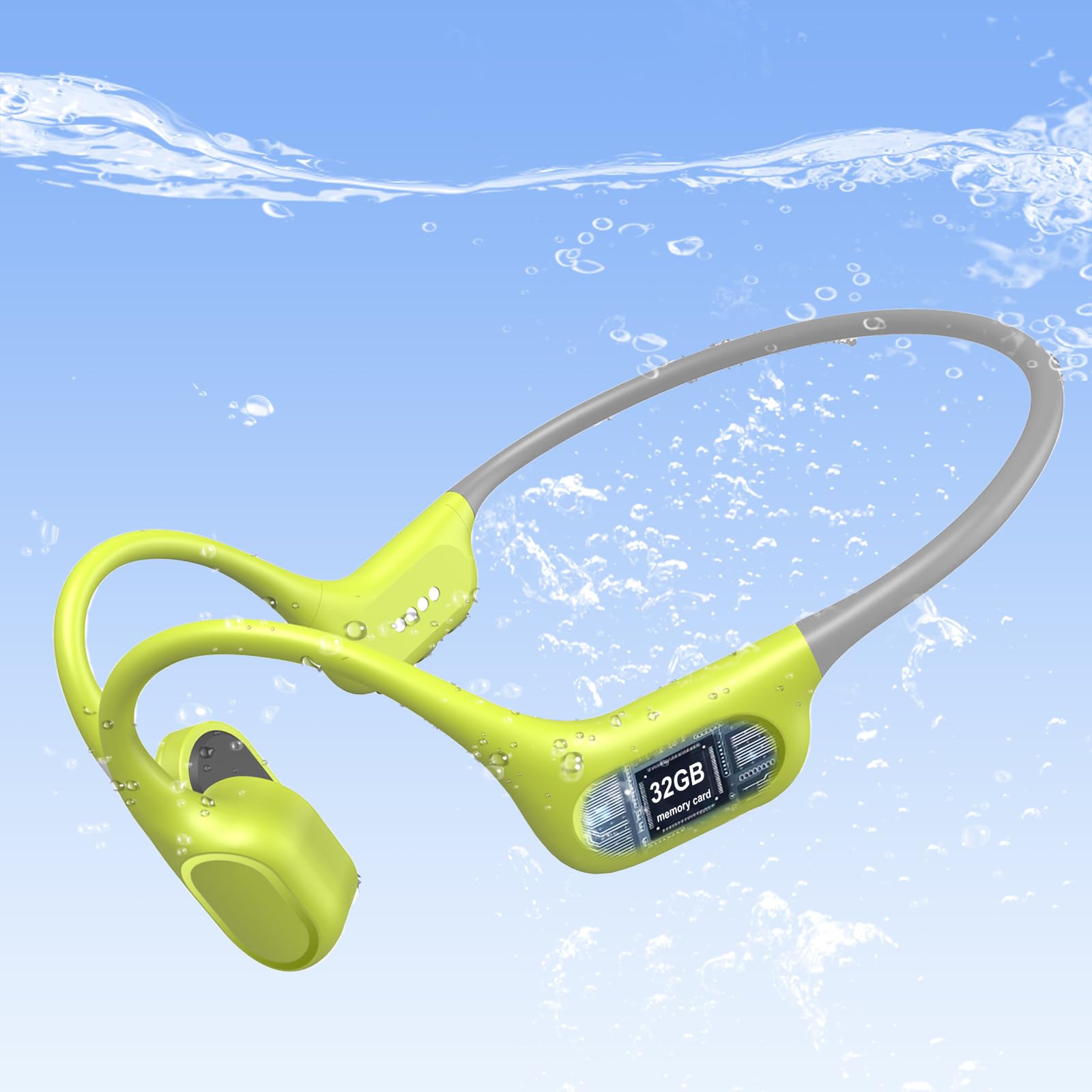 Photo 1 of IP68 Waterproof Swimming Headphones, Bone Conduction Liquid Silicone Bluetooth Headphones, Built-in 32GB MP3 Player, Soft and Lightweight Open-Ear Design, Ideal for Swimming/Marathons/Cycling(Neon)