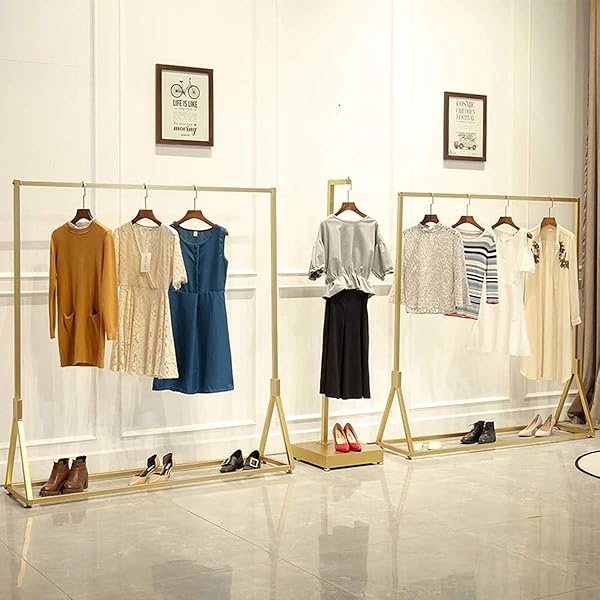 FURVOKIA MODERN SIMPLE HEAVY DUTY METAL ROLLING GARMENT RACK WITH WHEEL,RETAIL DISPLAY CLOTHING RACK, SINGLE ROD FLOOR-STANDING HANGERS CLOTHES SHELVES (GOLD SQUARE TUBE A, 47.2 L)