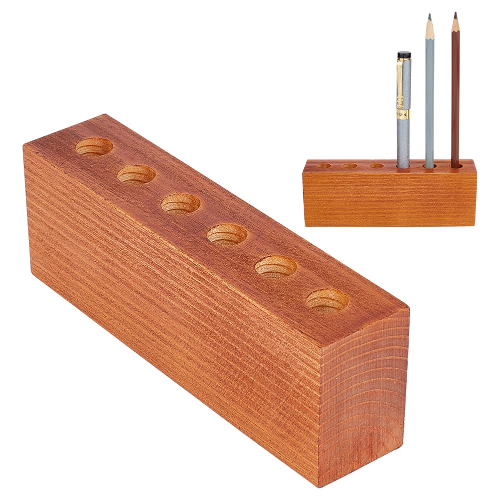 OLYCRAFT Wood Desktop Pen Holder with 6 Holes Round Hole Rustic Wooden Pencil Organizer Rectangle Saddle Brown Pen Storage Tool for Home Office Classroom Desks Stationery Accessories-12.8mm Hole
