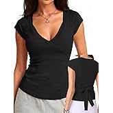 Danysu Tie Back Snatching Tops Padded Sexy V Neck T Shirt Cotton Cute Going Out Tee