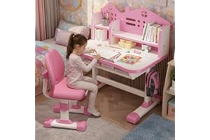 Autrfso Kids Ergonomic Desk and Chair Set, Height Adjustable School Study Table with Bookshelf, Drawer and Spine Support Backrest, Kids Desk and Chair for Bedroom&Study Room (Pink)
