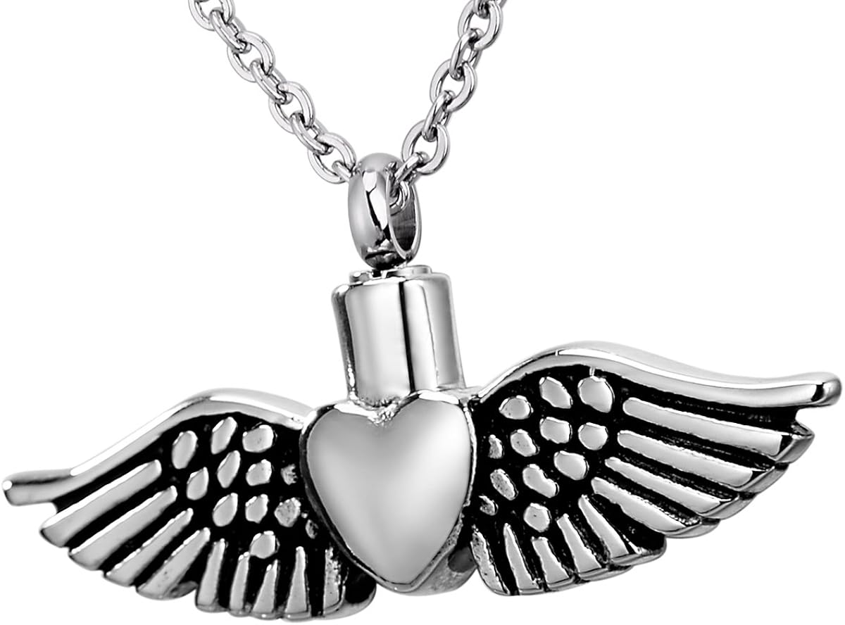 Amdxd Unisex Stainless Steel Necklace Urn Pendant Ashes Necklace Angle Wings Heart Necklaces Men