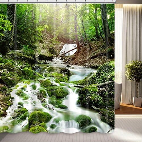 DENGYUE Crystal-clear Stream Shower Curtain, Green Round Moss by Water Small Cobblestone Fresh Air in Forest Beautiful Landscape Bathroom Curtain