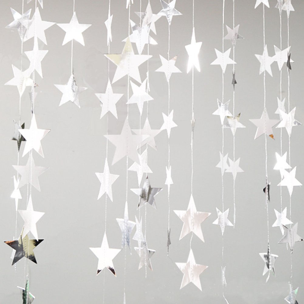 Yuccer 2 Pack Paper Garland Decorations Glitter Star Garland Hanging Star Decorations for Wedding Bridal Baby Showers Birthday Christmas Party Decorations (Silver)