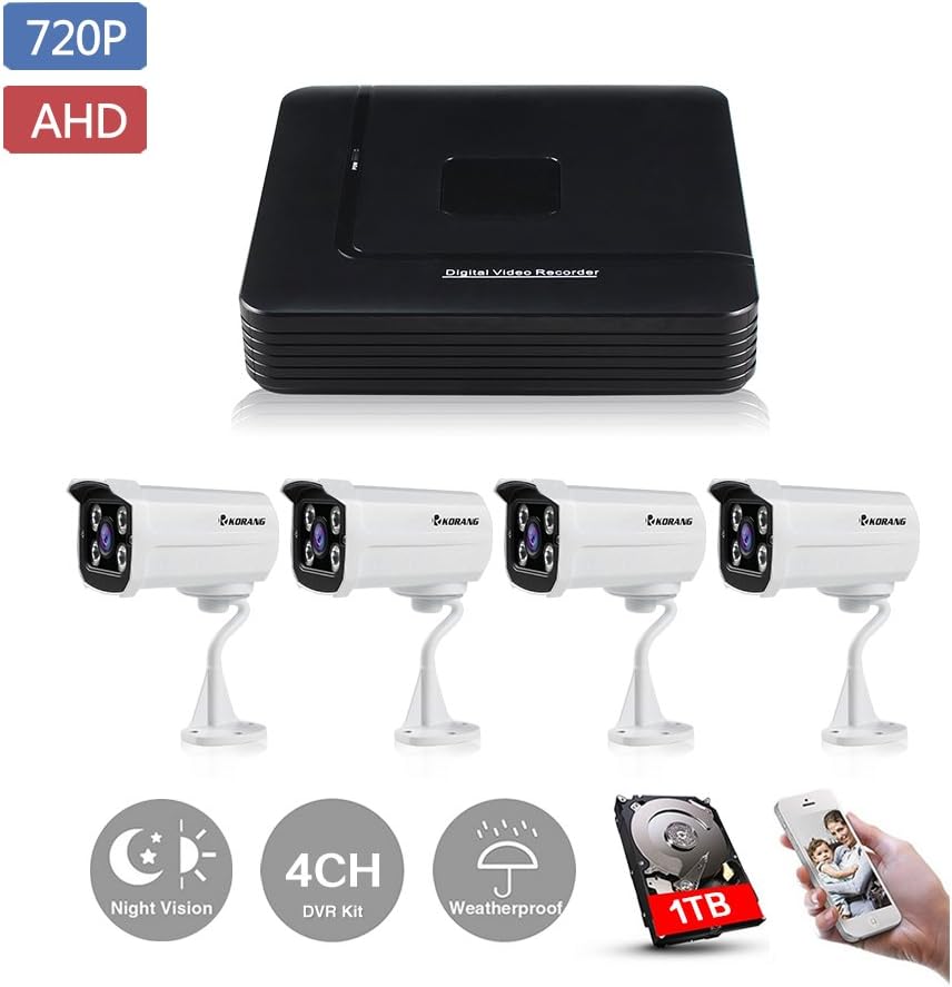 KORANG 4 Channel 720P DVR Security system with 41.0 Megapixel AHD Security Cameras Night Vision Waterproof Outdoor 1TB HDD Pre-installed