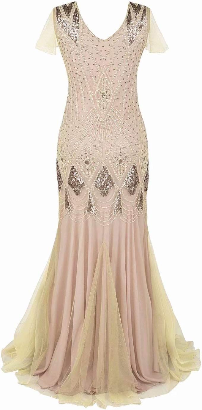 aifuu1920s Gatsby Flapper Dress Women Long Prom Evening Gowns Beaded Sequin Mermaid Hem Ball Party Costume Plus Size