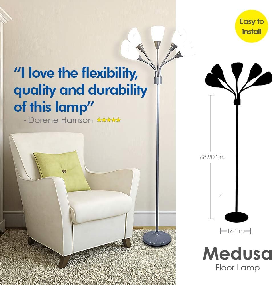 Modern Floor Lamp Room Light by Lightaccents - Medusa Multi Head Standing Lamp Bedroom Light with 5 Adjustable White Acrylic Reading Shades Room Light (Silver) - - 