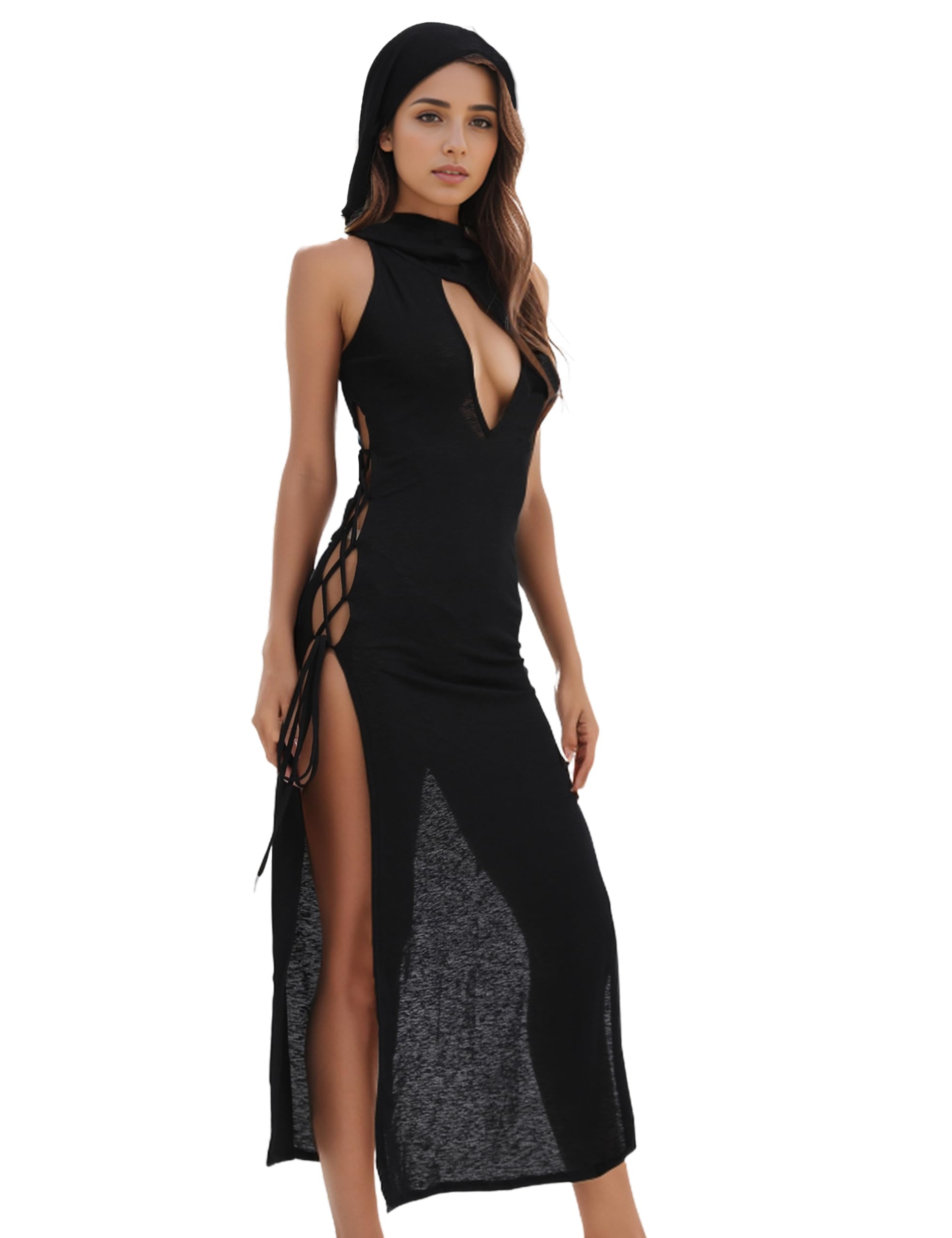 Photo 1 of Lucky2Buy Rave Outfits for Women High Split Slim Hooded Black Knit Dress Lace Up Streetwear (Medium)