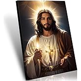 Framed Catholic Jesus Lights Candles Wall Art God Print on Canvas Jesus Painting Christian Wall Decor Jesue Pictures for Wall Ready to Hang12x16inches