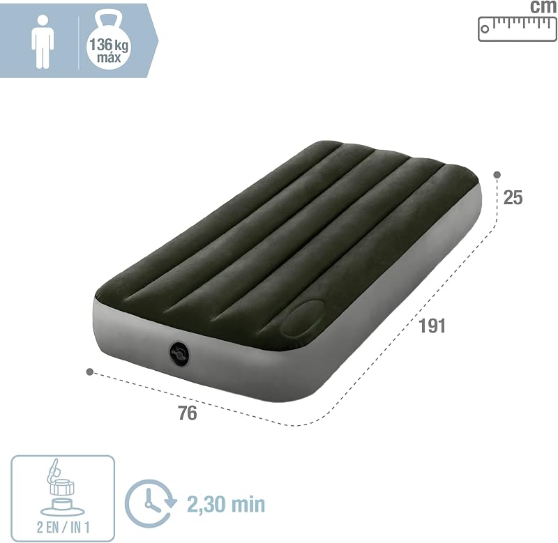 64761 - Colchón Hinchable 1 Plaza con Bomba de pie Fiber-Tech Downy, Medidas 76 x 191 x 25 cm