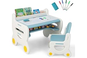 Costzon Kids Table and Chair Set, Plastic Activity Table with Watercolor Pens, Blackboard Eraser & Storage Shelf for Drawing,