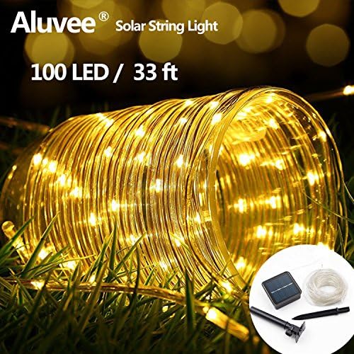 Aluvee Solar Rope Lights Outdoor 33ft/100LED Rope Lighting Waterproof Copper Wire Rope String Light for Outdoor Indoor Home Garden Patio Party(Warm White + PVC tube)