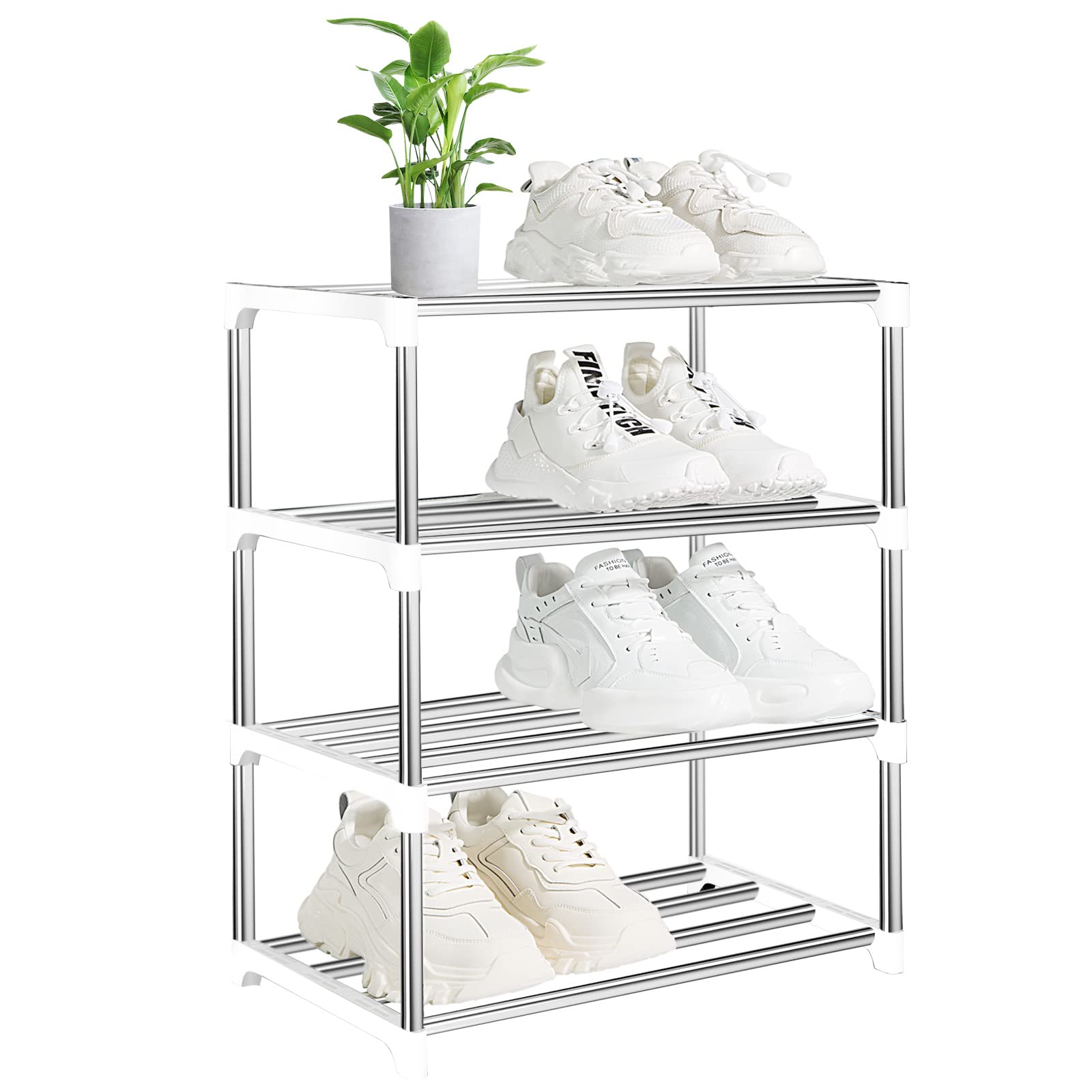 OLYREO White Shoe Rack - Small, 4-Tier Stackable Shoe Stand Organizer for Entryway, Hallway - Quick Assembly