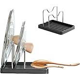 Aenfaiy 2 in 1 Pot Lid Holder & Spoon Rest for Kitchen Counter, Plastic Utensil Rest with Stainless Steel Pan Lid Holder Organizer While Cooking, Countertop Space Saving Pot Cover Rack | Easy to Clean