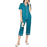 Ekouaer Capri Pajamas for Women Short Sleeve Button Down Sleepwear Comfy Lounge Set 2-Piece Pants Pjs