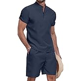 YTD Men's 2 Pieces Set Short Sleeve Henley Shirts and Shorts Texture Summer Beach Vacation Outfits