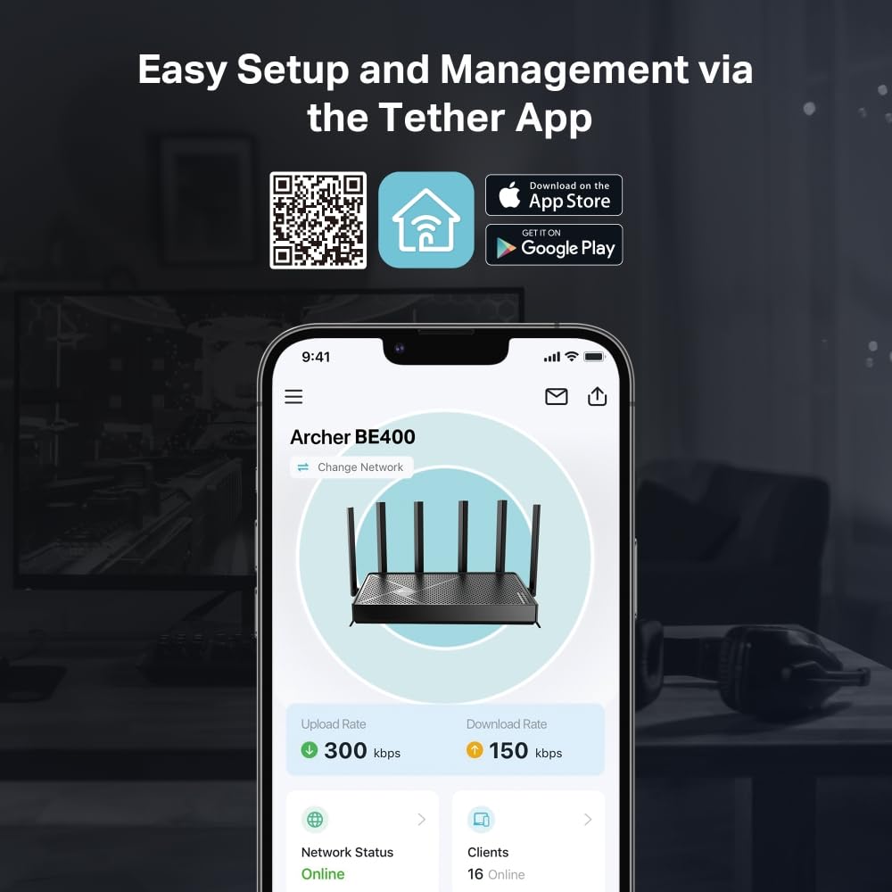 TP-Link Archer BE400 Wi-Fi 7 Router Dual-Band BE6500, 2 x 2.5G Ports, VPN Client and Server, MU-MIMO, USB 3.0, WPA3, EasyMesh, HomeShield