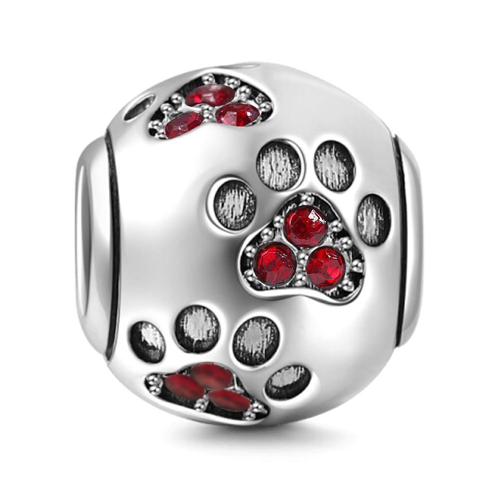 Dog Paw Charm 925 Sterling Silver Footprint Bead Animal Birthday Pet DIY Love Heart Pendant for Pandora Charm Bracelet (Red)