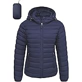 Women's Lightweight Packable Puffer Jacket Quilted Insulated Warm Winter Coat Full-Zip Hooded Outerwear for Hiking Travel