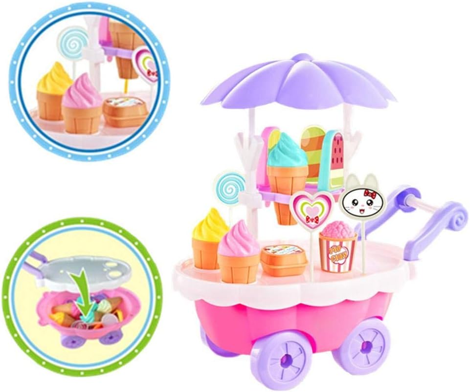 Cute Kids Simulation Ice Cream Shop Dresser Cart Pretend Toy Set Role Play Gift Cineman Ice Cream Cart Toy Set, DIY Desserts Toy Pretend Play Food Toys,Assembly Kitchen Playsets For Children 18X8.5X25