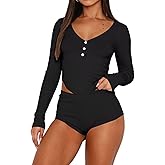 LEEDYA Womens 2 Piece Pajama Sets Long Sleeve V Neck PJ Shorts Sexy Y2k Button Crop Top Nightwear Lounge Set Sleepwear