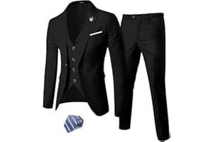 YND Men's Slim Fit 3 Piece Suit Set, One Button Solid Blazer Vest Pants with Tie
