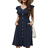 Lamilus Women's 2026 Summer Casual Swing Knee-Length Dress: V-Neck Ruffle Sleeves, Front Button Down with Side Pockets