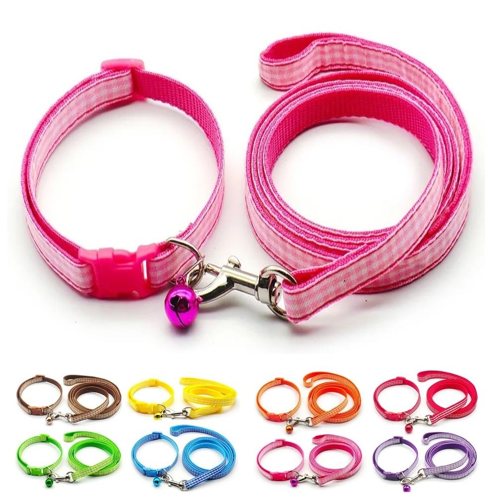Small Dog Puppy Pet Collar and Lead Set Check Design Nylon Adjustable Size 19-32cm Collar with Bell and 120cm Leash Pink