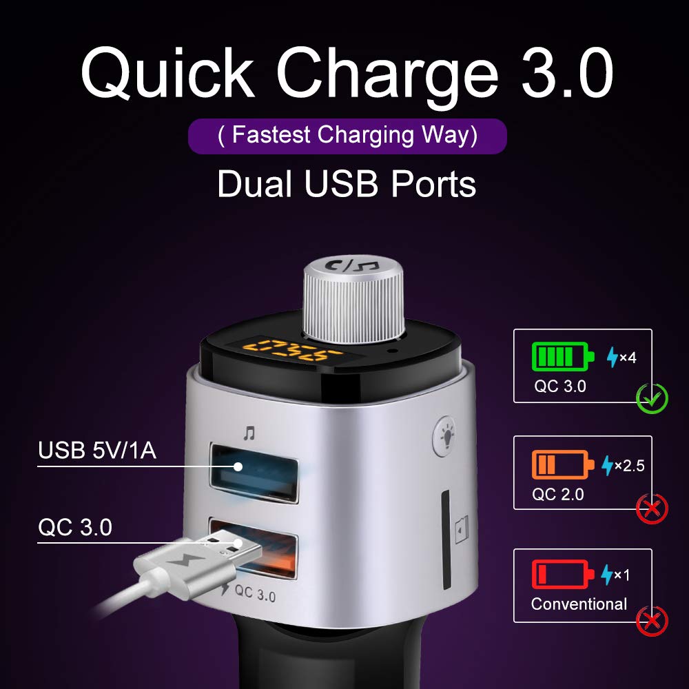 FM Transmitter Car Bluetooth 4.2 with Fastest Phone Charger QC 3.0, Car Radio Audio Adapter, FM Modulator Car MP3 Player Handsfree Car Kit Support QC3.0 Dual USB Charge