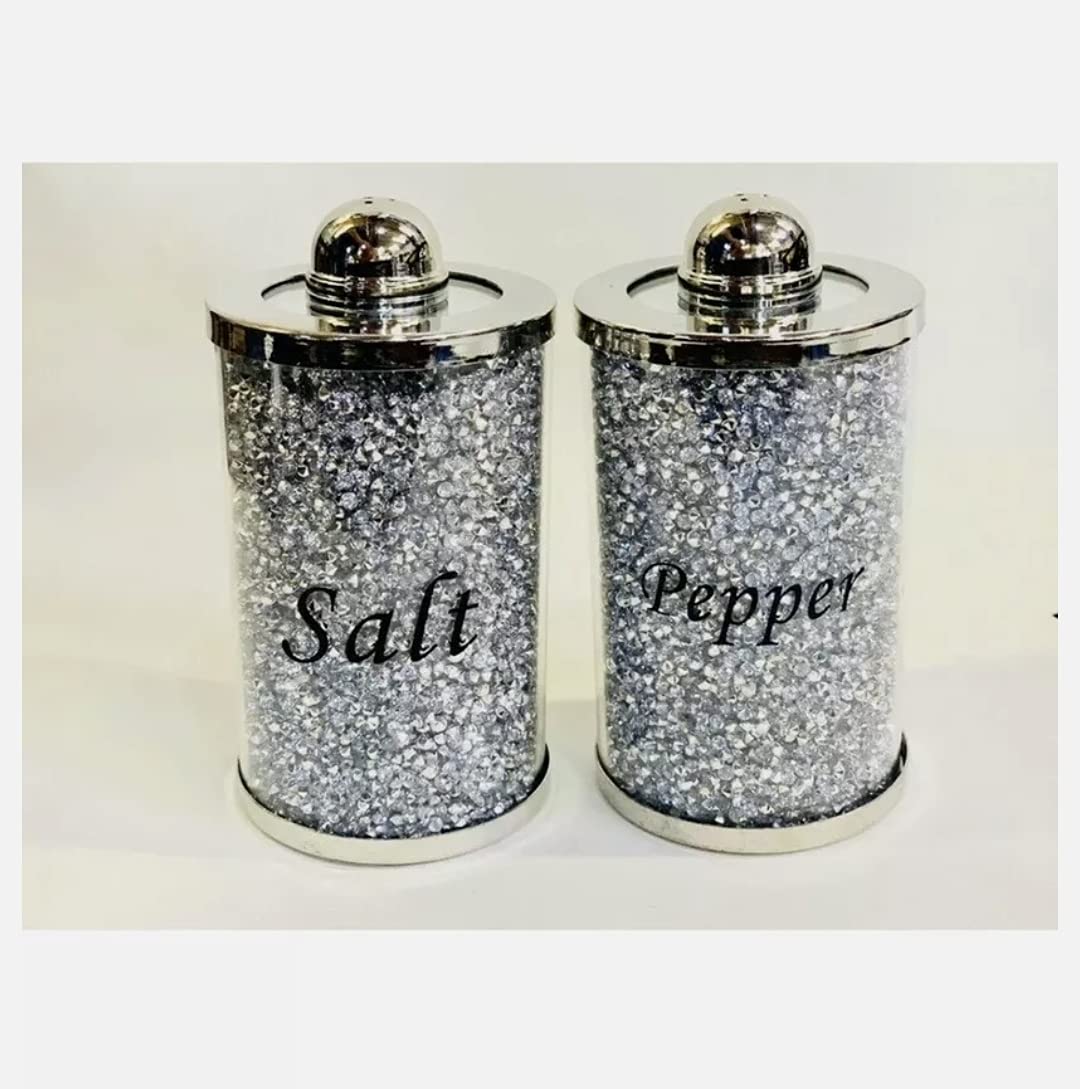 TOV® Diamond Crushed Salt Pepper CANISTERS Jars Storage Silver Trimmings Crystal Filled