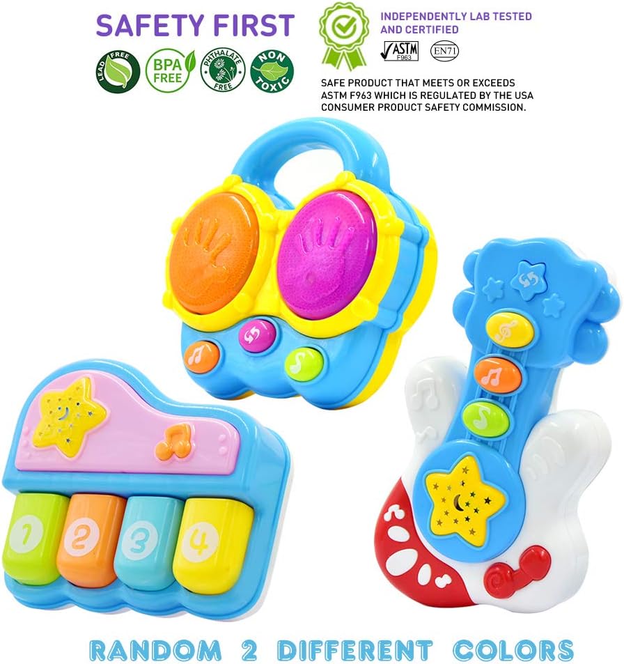 WEofferwhatYOUwant Baby Musical Instrument Set, Piano, Bongos & Guitar with Light-Up Projector & Songs, Blue, Red, White - Image 3