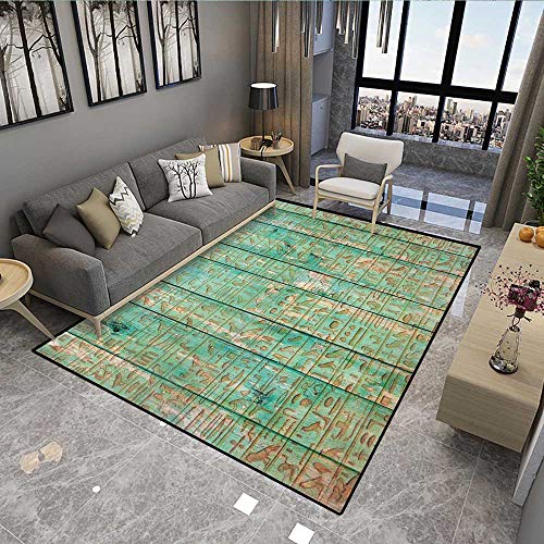 Floor Mat,Ancient Hyeroglyphs Icons on Wooden Board Mystic Egyptian Mummy Motherland Culture Image,5835D Printing Area Rug,Seafoam 6'x9'