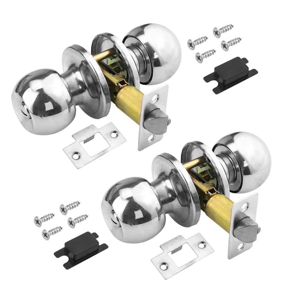 TOVOT 2 Packs Internal Door Handle Locks Round Door Handles with Locks Stainless Steel Door Knob with Locks Handles Set for 25-45MM Door (No Keys)