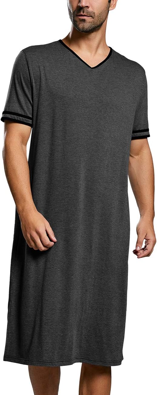 Mens Cotton Nightshirt Long Pajama Short Sleeve V Neck Comfy Soft Loose Fit Summer Nightwear Sleepwear for Home Hospital