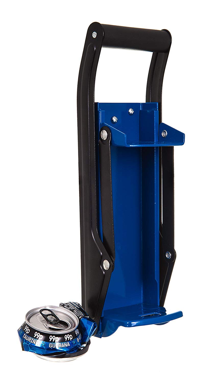 GLOW Premium Wall Mounted 2 in 1 Can Crusher and Bottle Opener – Heavy Duty Blue Large 16oz 500ml Aluminium Drinking Tin Can Kitchen Recycle Tool with Soft Grip Foam Handle Bottle Opener