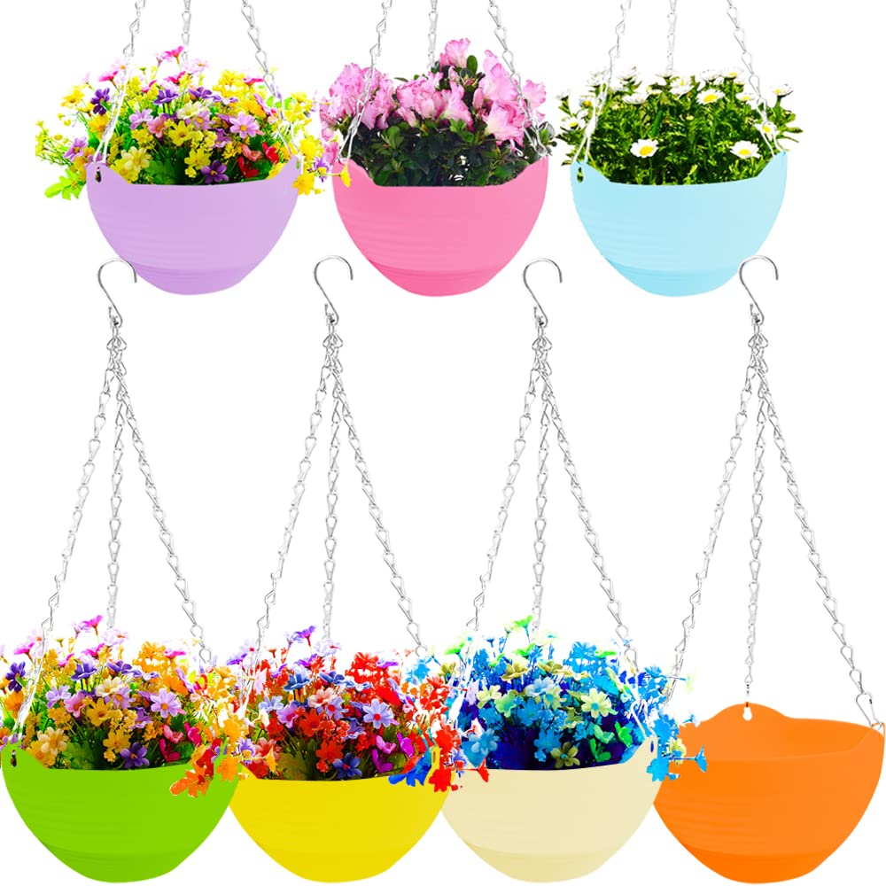 Photo 1 of 7 Pack 8 Inch Plastic Self-Watering Hanging Planters,Colorful Garden Flower Plant Pot Container Baskets with Drainer Chain for Indoor Outdoor Use,7 Colors