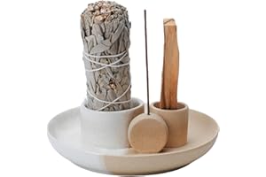 GRAMSTORMAX 4 in 1 Incense Holder, Ceramic Incense Stick and Palo Santo Holder,Sage Holder for Burning- 5.5" Ceramic Ash Catcher Tray for Meditation and Yoga Room (White Sand)